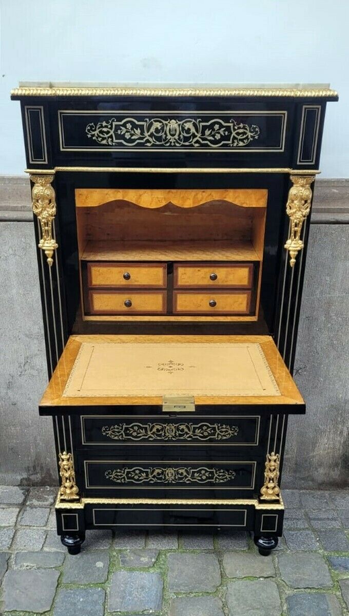 Napoleon III Secretary In Blackened Pear Wood   Brass Marquetry photo furniture