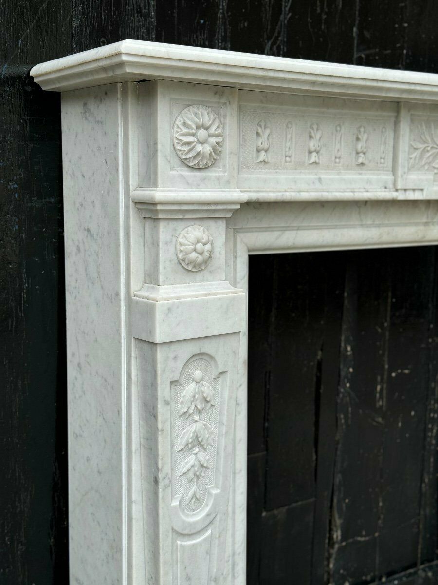 Louis XVI Style Fireplace In White Carrara Marble Circa 1880 photo vintage