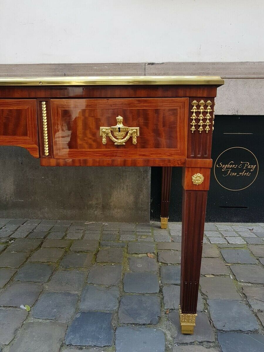 Beautiful And Large Louis XVI Style Desk   Several Species Of Fruitwood   Gilt Bronze Hardware   Leather photo vintage