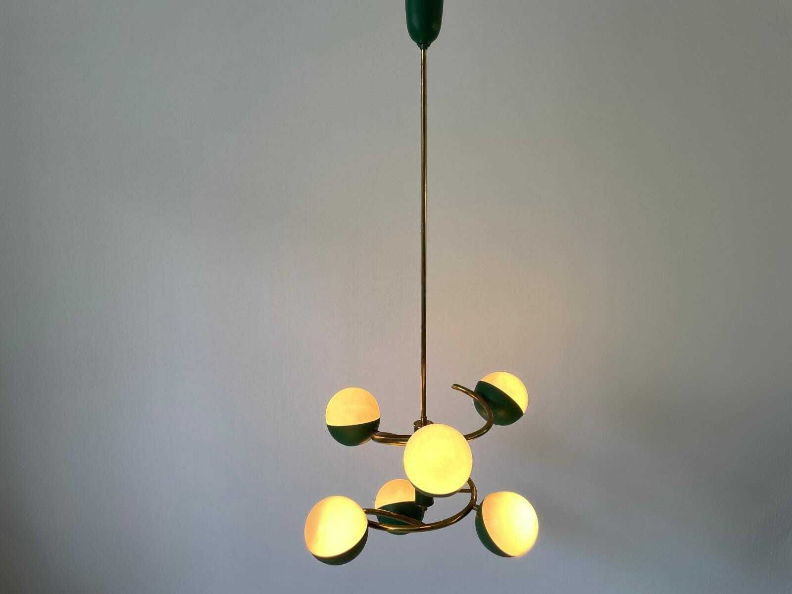 Exclusive Green Metal And Glass 6 Head Space Age Chandelier With Brass Circular Body, 1960s, Italy photo furniture