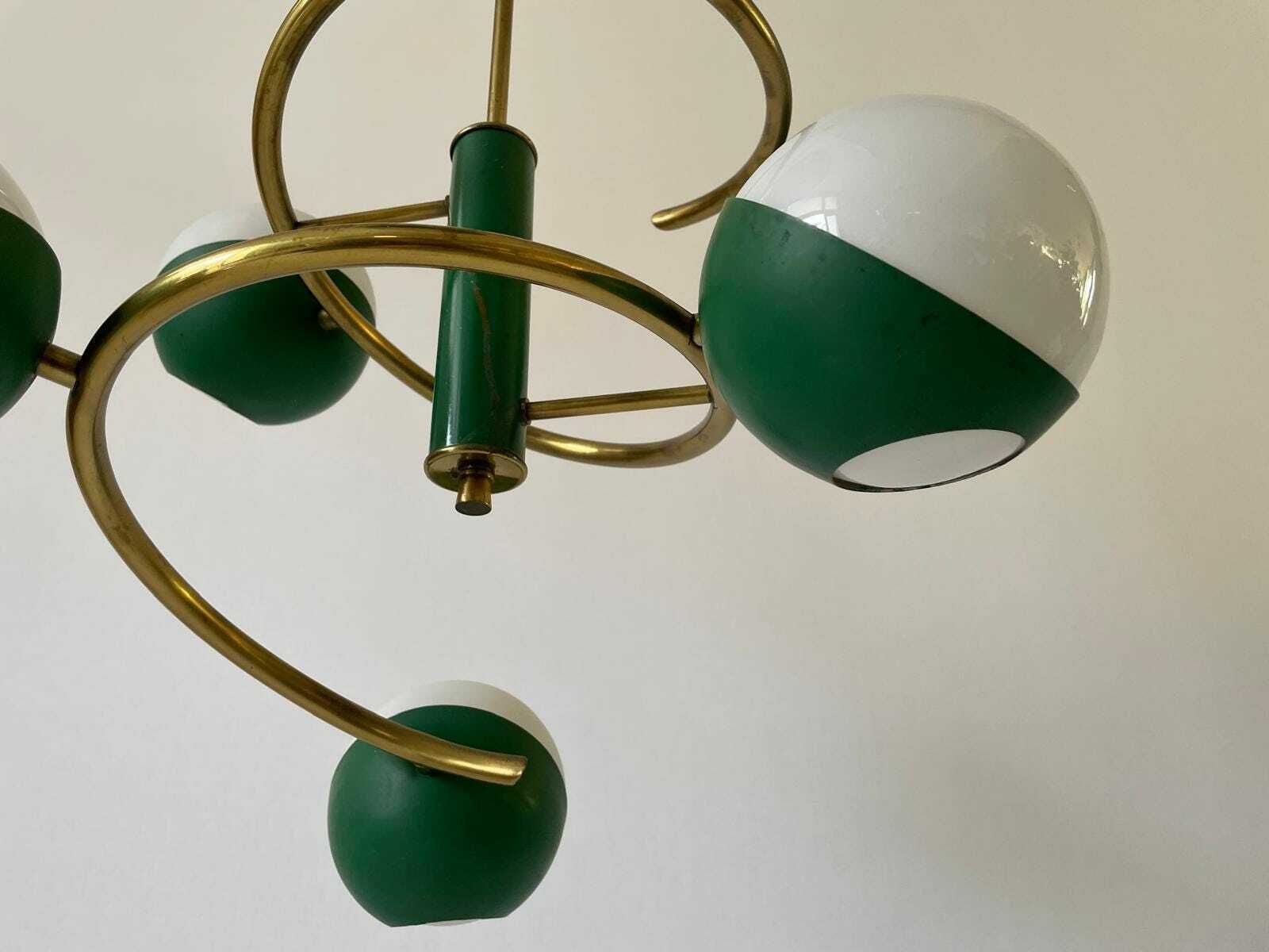 Exclusive Green Metal And Glass 6 Head Space Age Chandelier With Brass Circular Body, 1960s, Italy photo vintage