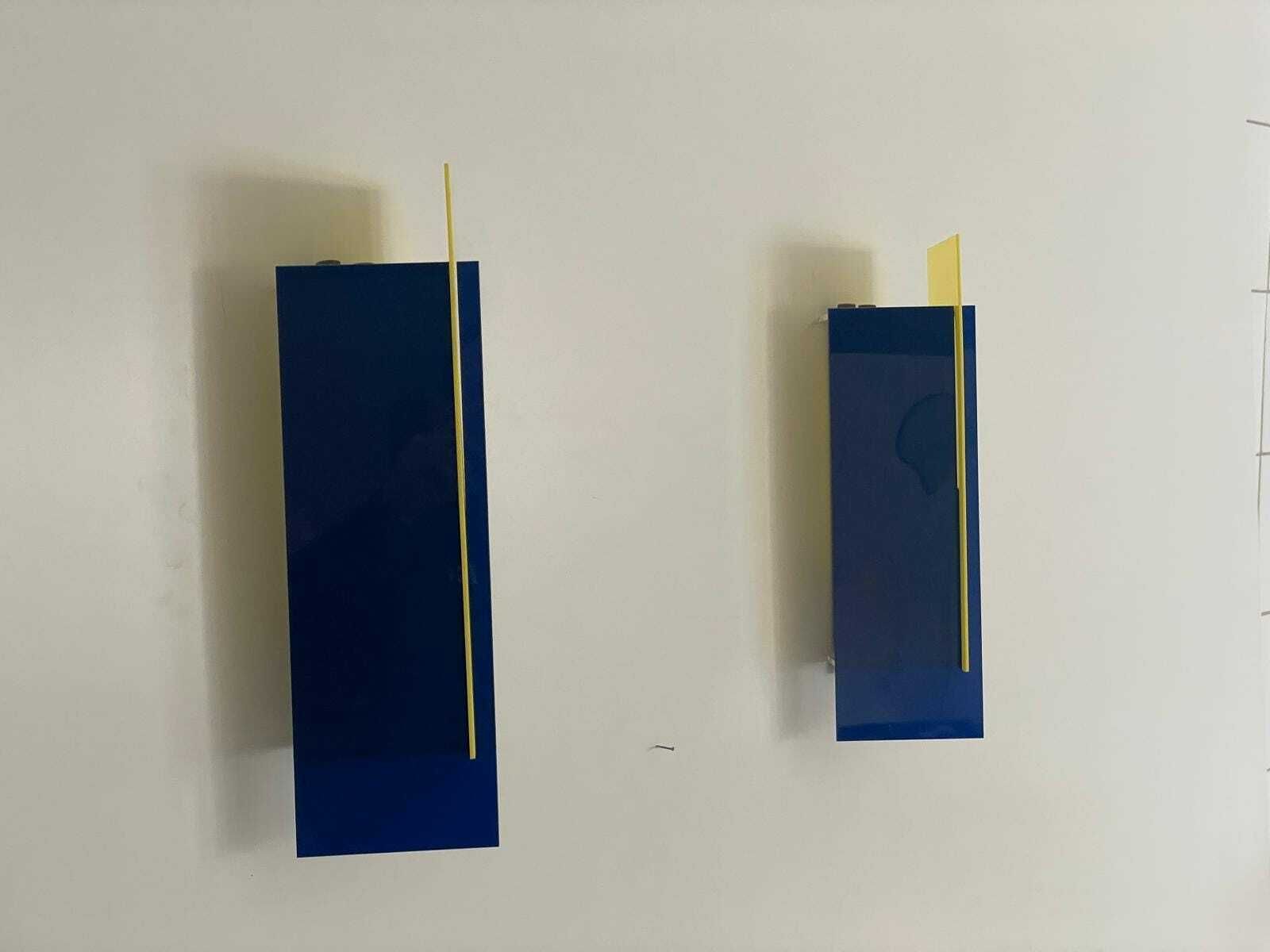 Italian Design Yellow And Dark Blue Plexiglass Shade Pair Of Sconces, 1950s, Italy photo buy