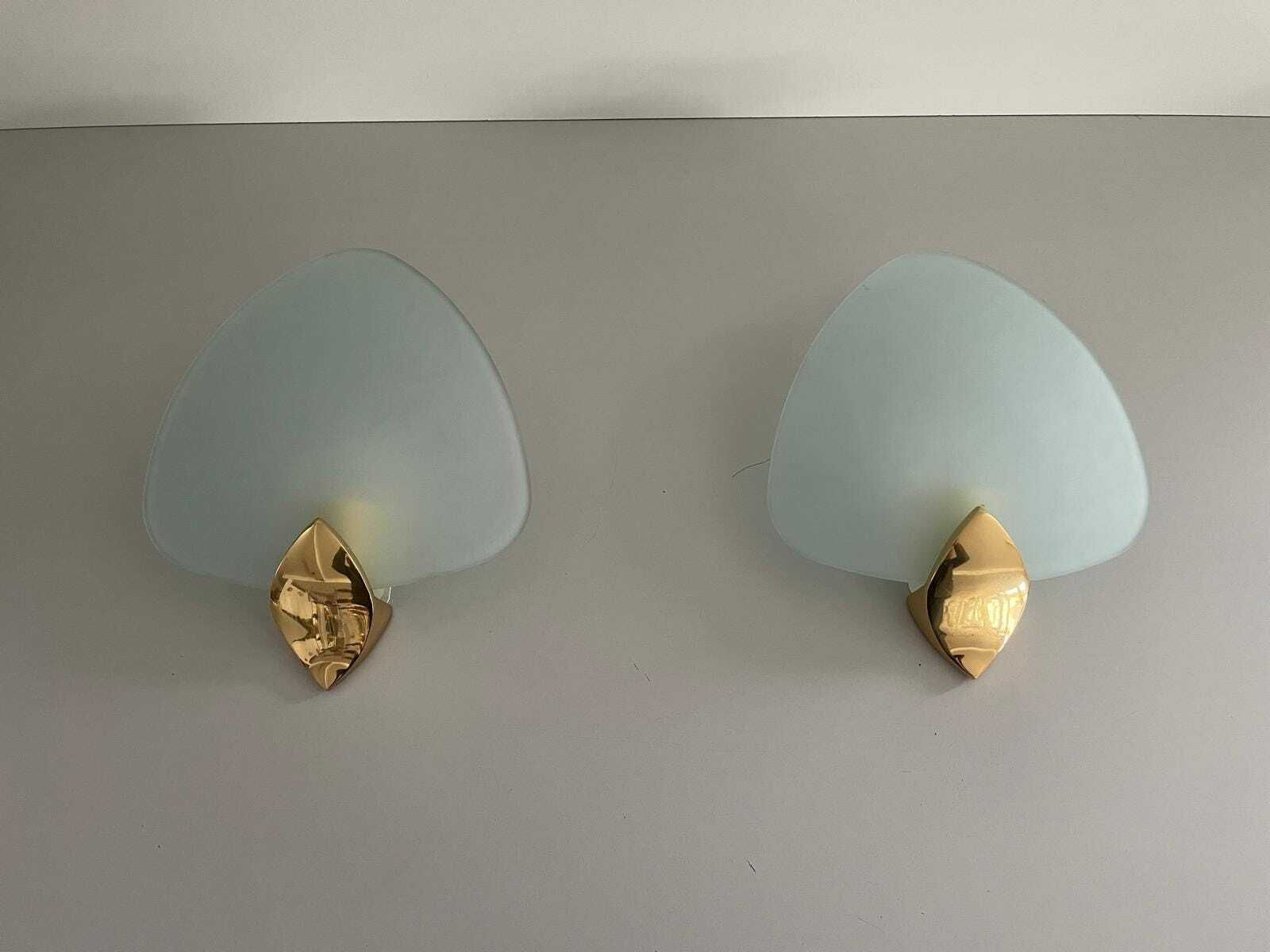 Italian Green Thick Glass Leaf Shaped Pair Of Sconces With Gold Details, 1970s, Italy photo for sale