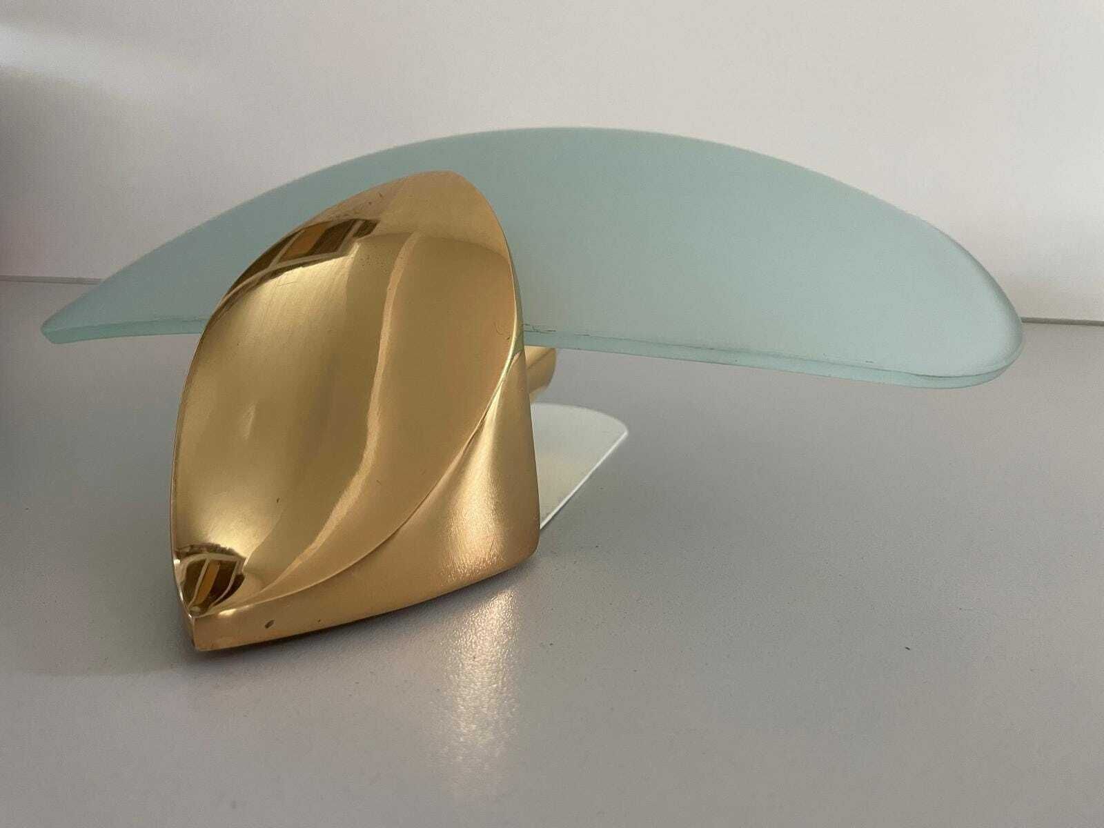 Italian Green Thick Glass Leaf Shaped Pair Of Sconces With Gold Details, 1970s, Italy photo vintage