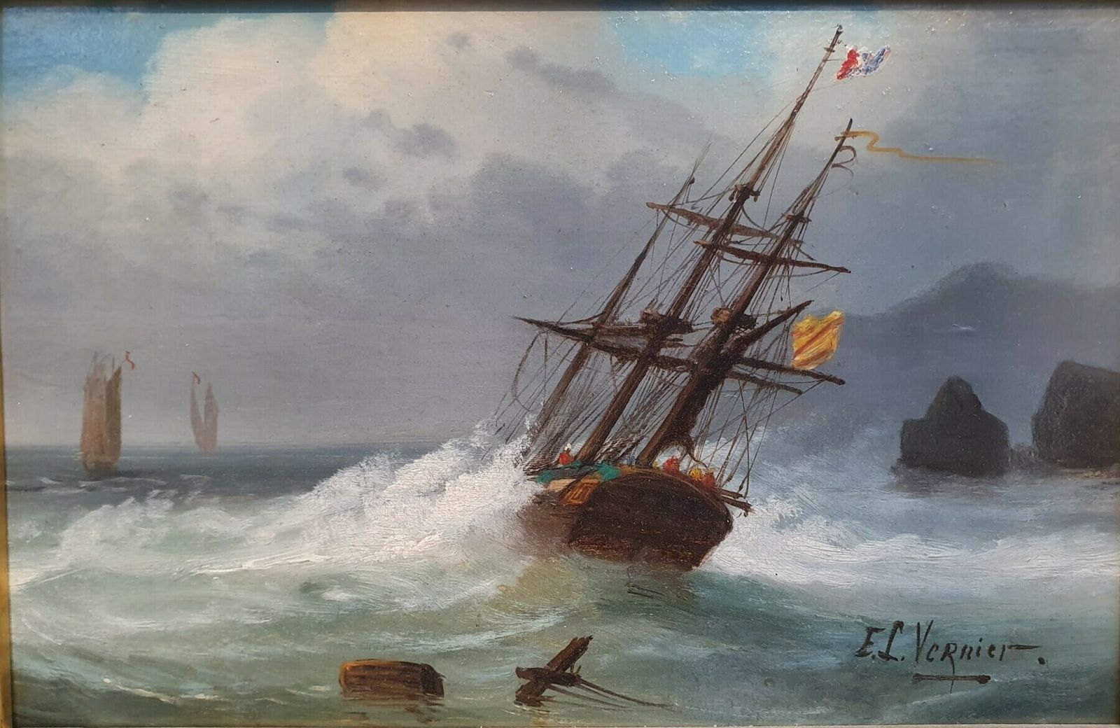 Emile Louis Vernier, French School 1829   1887 Oil On Panel "Marine" photo furniture