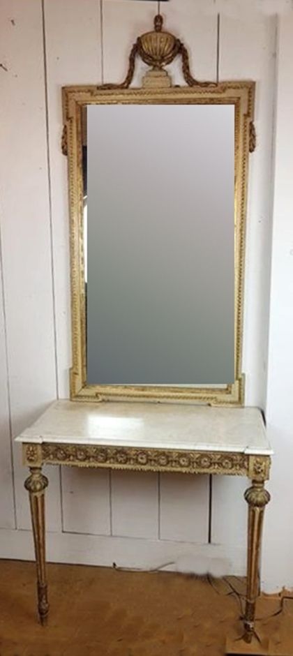 Louis XVI Style Console And Mirror   Slightly Veined White Marble   Gilding And Creamy White Patina photo furniture