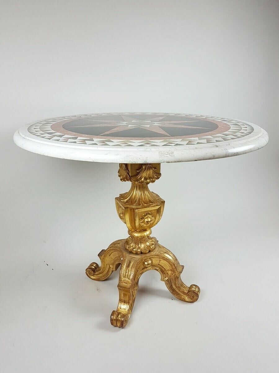 Pedestal Table With Inlaid Marble Tablet And Gilt Wood Base   Italy 19th Century