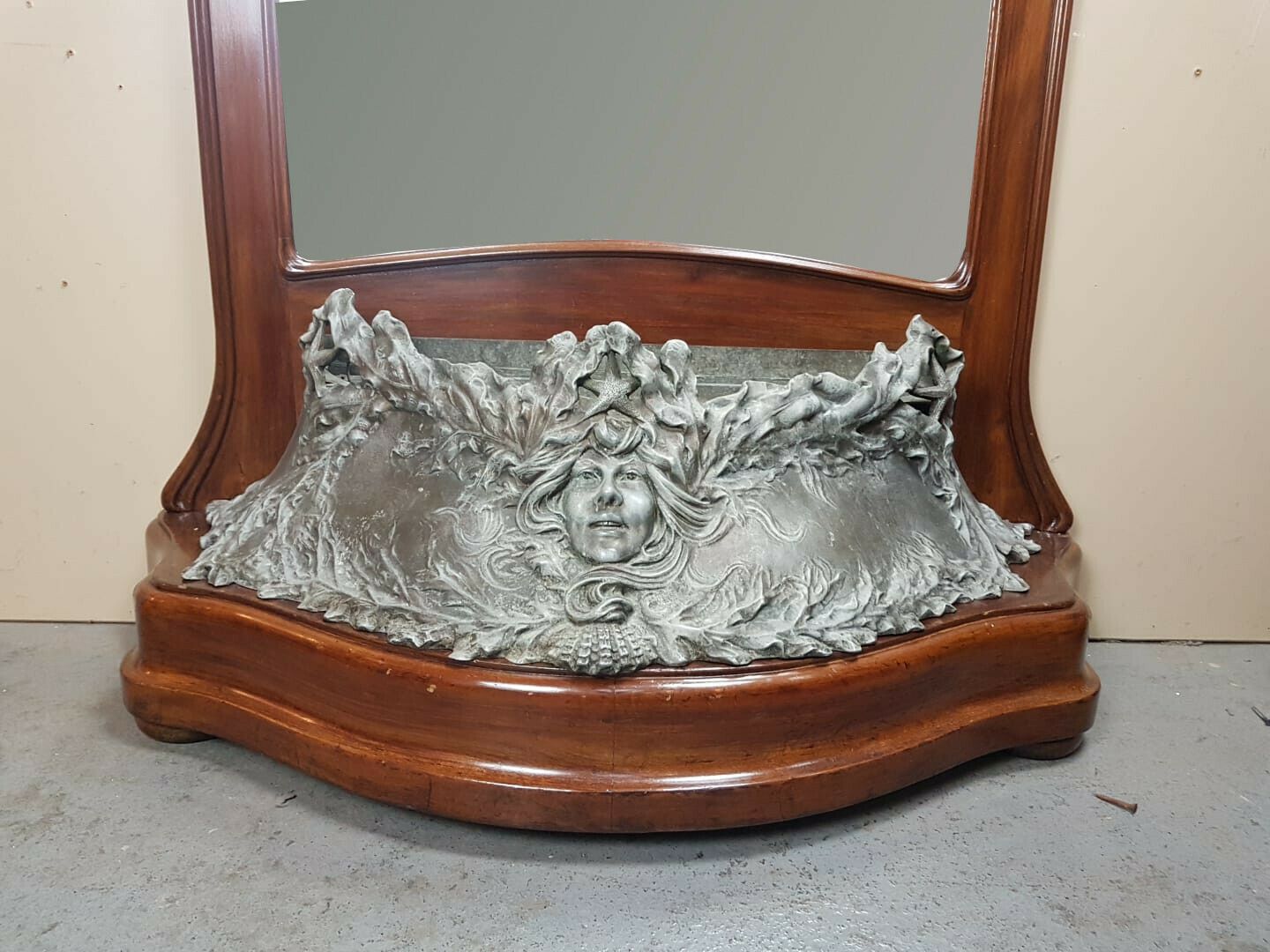 Art Nouveau Hall Mirror In Mahogany And Pewter Forming A Planter photo for sale