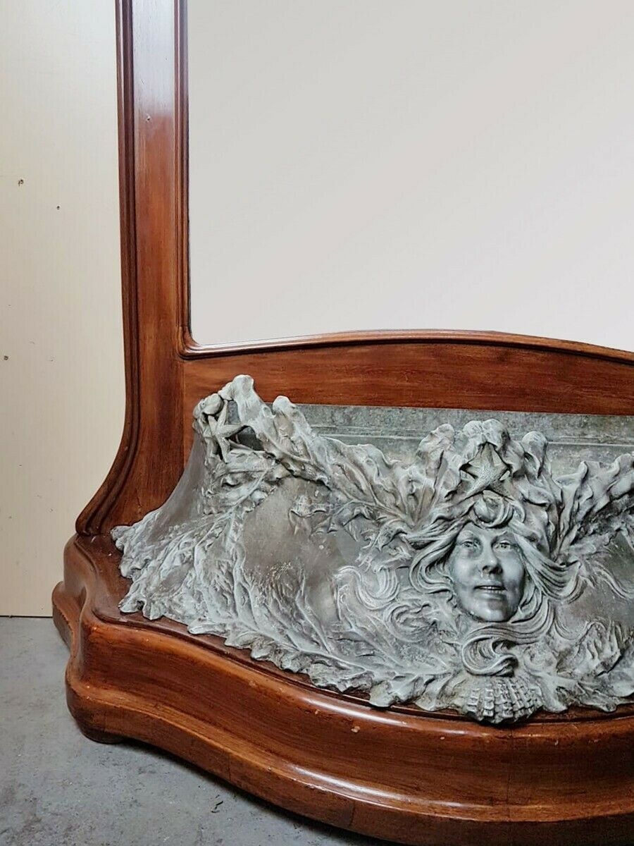 Art Nouveau Hall Mirror In Mahogany And Pewter Forming A Planter photo vintage