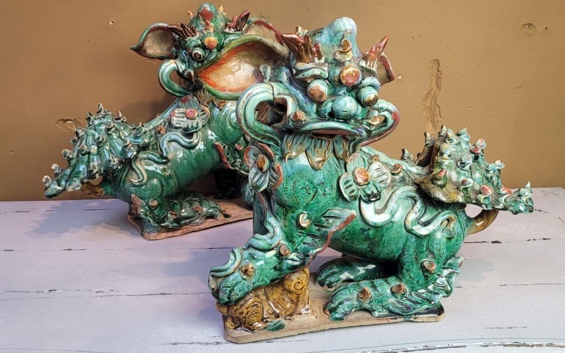 Pair Of Glazed Ceramic Foo Dogs   First Half Of The 20th Century photo vinterior