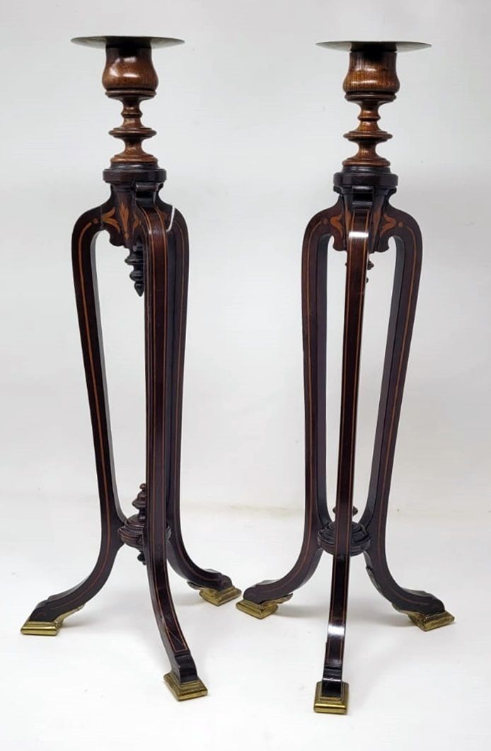 photo furniture Pair Of Mahogany Marquetry Candlesticks   Tripod Base   Gilded Bronze Shoes