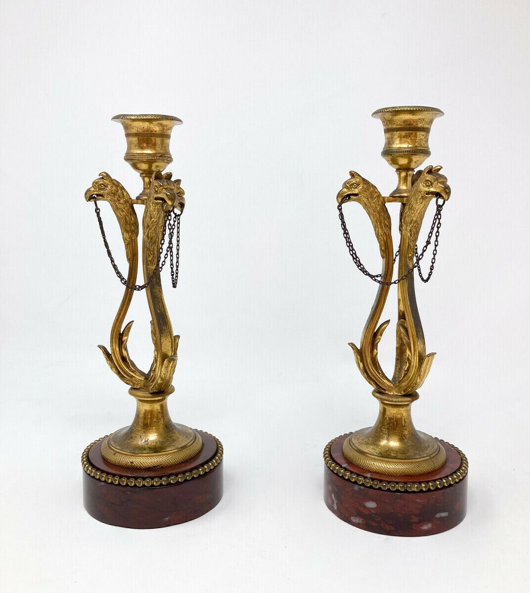 Finely Chiseled Bronze Candlesticks With Chimera Heads   Morello Cherry Marble