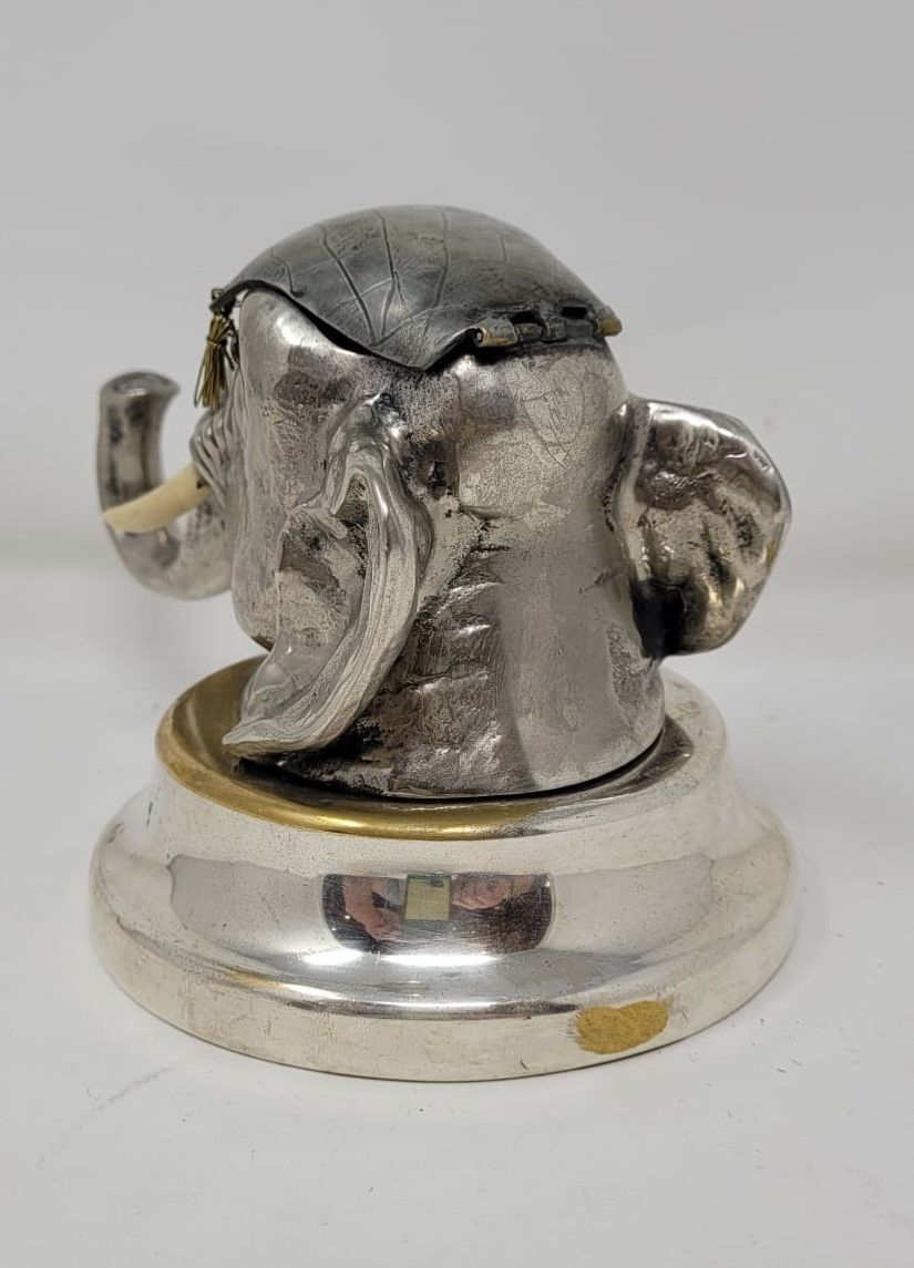 Beautiful Inkwell   Elephant Head In Silver Metal photo vinterior