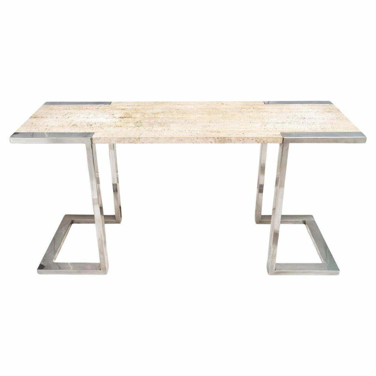 Large Chrome Plated Metal And Travertine Console Table, Italy, 1970.