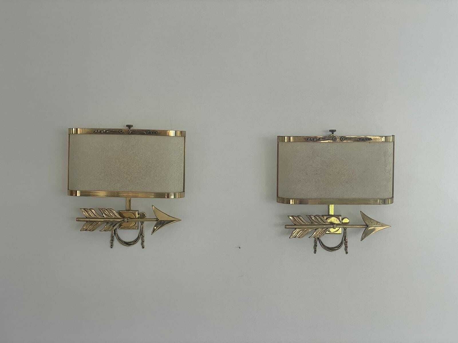 Mid Century Modern Brass Pair Of Arrow Sconces With Cocoon Shade, 50s/60s, Italy photo furniture