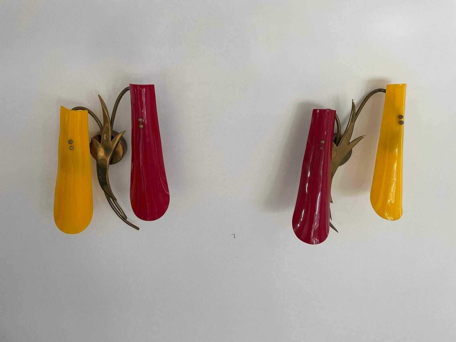 Red And Yellow Plexiglass Shade And Brass Pair Of Sconces, 1950s, Italy photo furniture