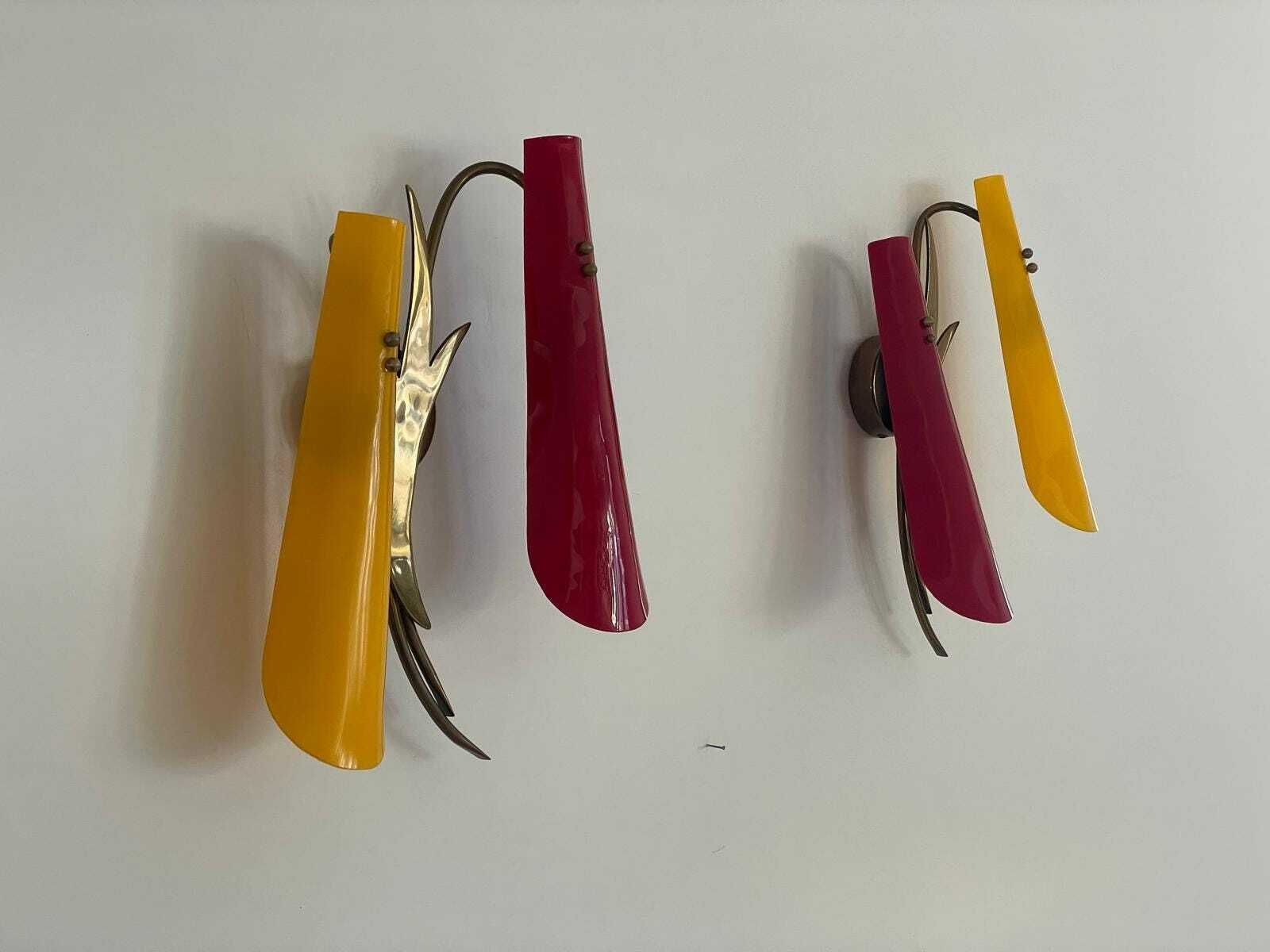 Red And Yellow Plexiglass Shade And Brass Pair Of Sconces, 1950s, Italy photo Lighting