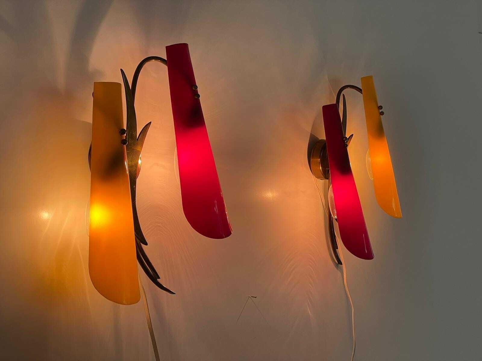 Red And Yellow Plexiglass Shade And Brass Pair Of Sconces, 1950s, Italy photo 2370.0