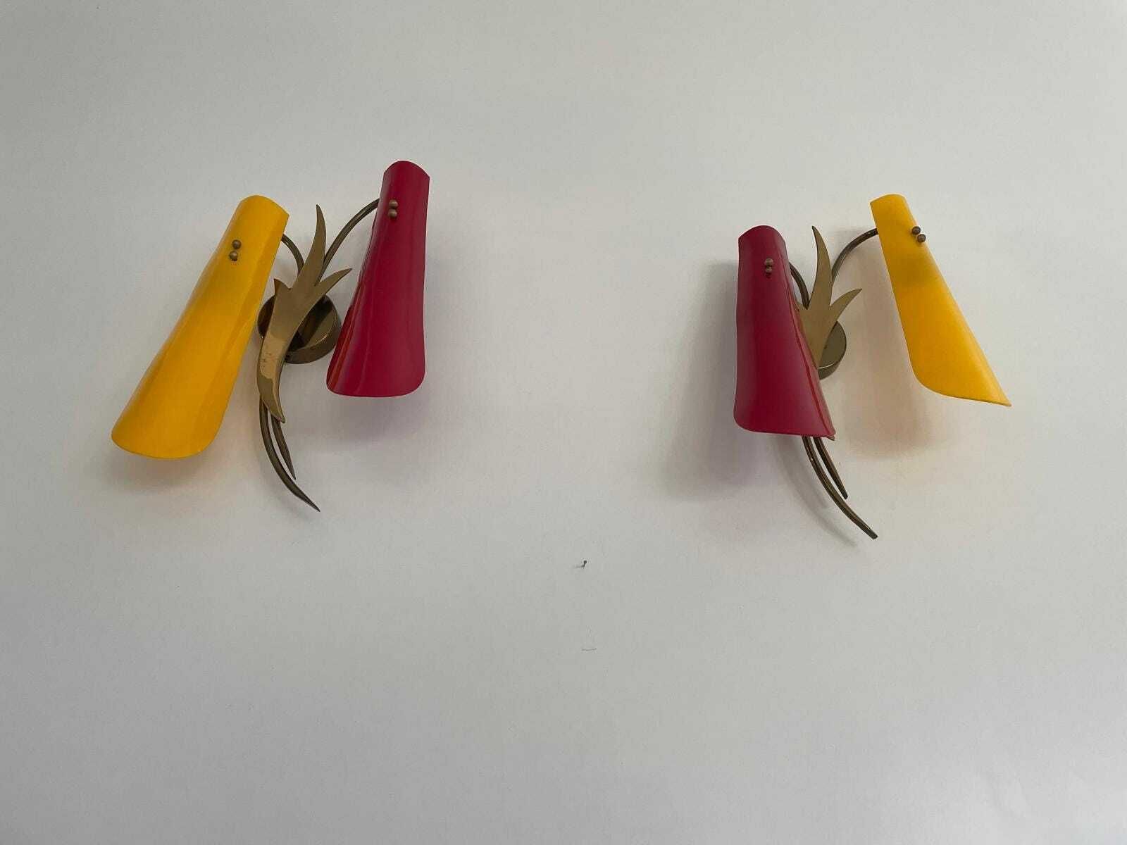 Red And Yellow Plexiglass Shade And Brass Pair Of Sconces, 1950s, Italy photo vinterior