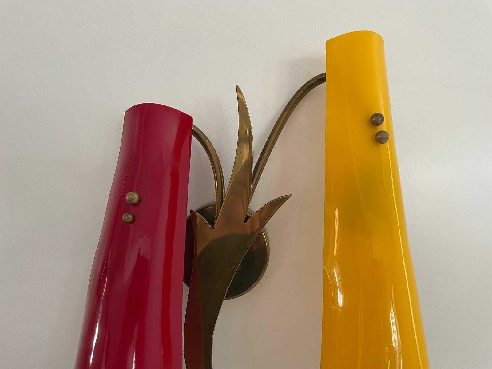Red And Yellow Plexiglass Shade And Brass Pair Of Sconces, 1950s, Italy photo vintage