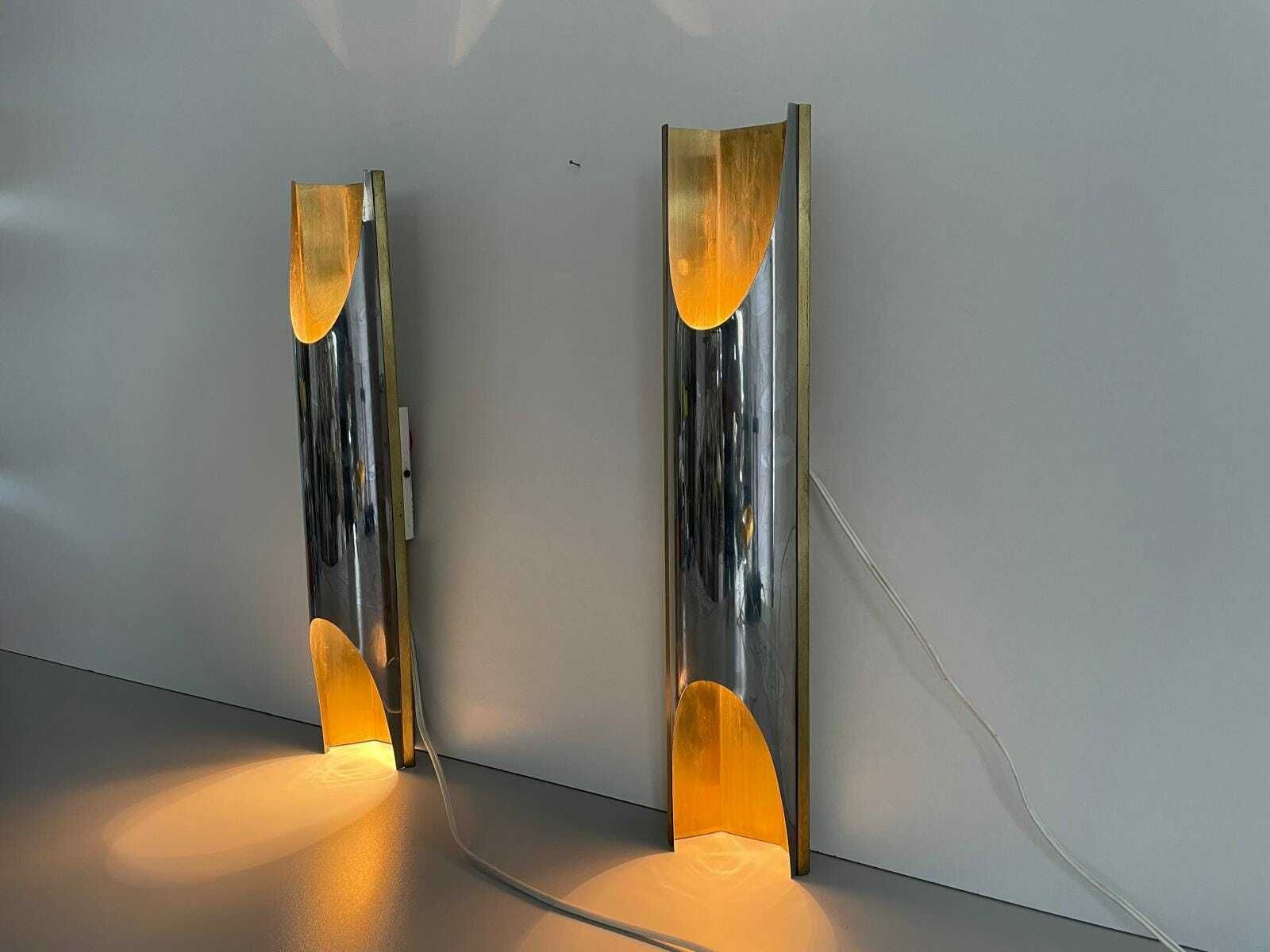 Italian Elegant Chrome And Gold Metal Pair Of Wall Lamps, 1960s, Italy photo furniture