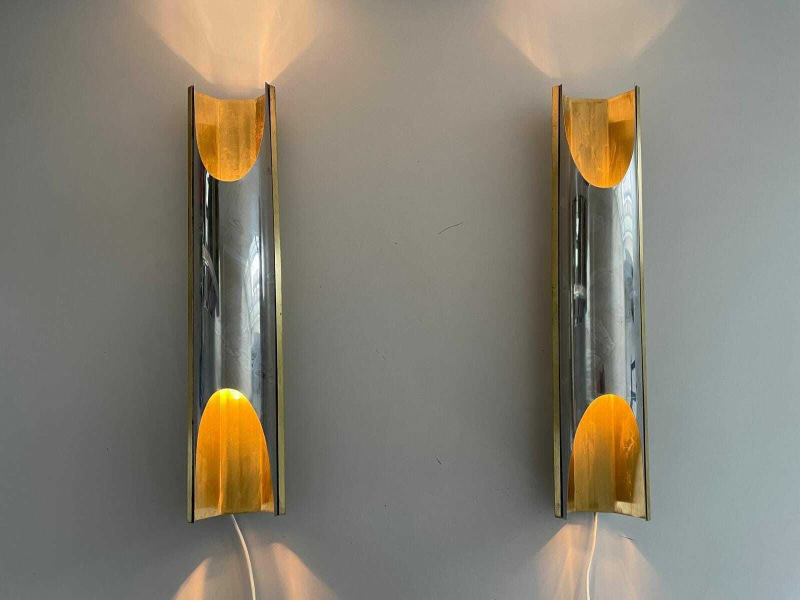 photo for sale Italian Elegant Chrome And Gold Metal Pair Of Wall Lamps, 1960s, Italy