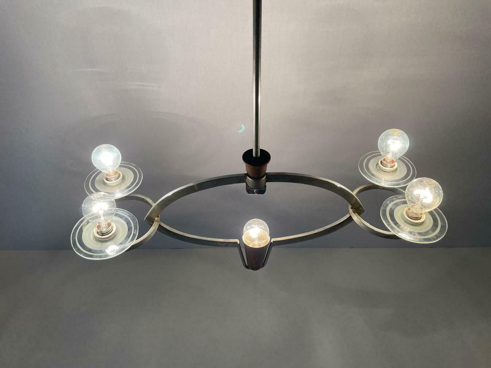 Unusual Design Art Deco Chandelier In Brass And Glass By Pietro Chiesa, 30s, Italy photo for sale