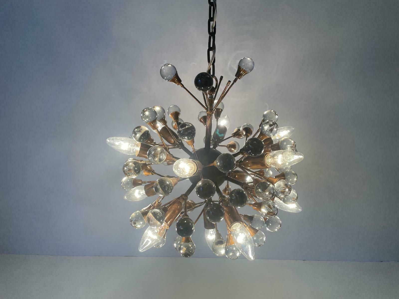 Wonderful 13 Armed Brass And Crystal Glass Atomic Chandelier By Vereinigte Werkstätten München, 1960s, Germany photo furniture