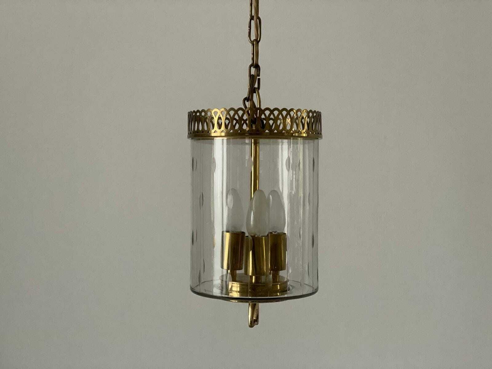 Italian Lantern Style Art Deco Glass And Brass Ceiling Lamp, 1950s, Italy photo for sale