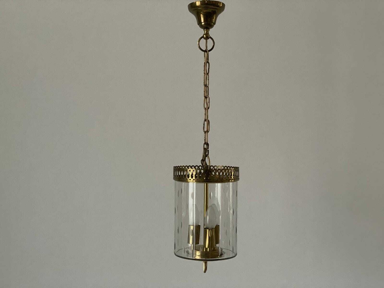 Italian Lantern Style Art Deco Glass And Brass Ceiling Lamp, 1950s, Italy photo Lighting