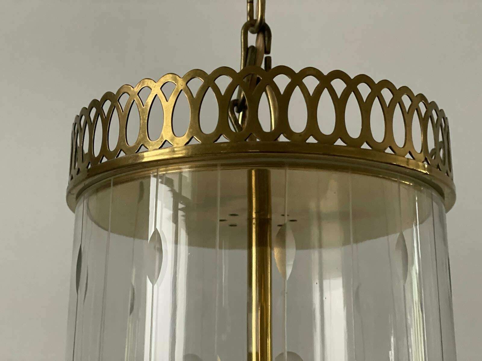 Italian Lantern Style Art Deco Glass And Brass Ceiling Lamp, 1950s, Italy photo vintage