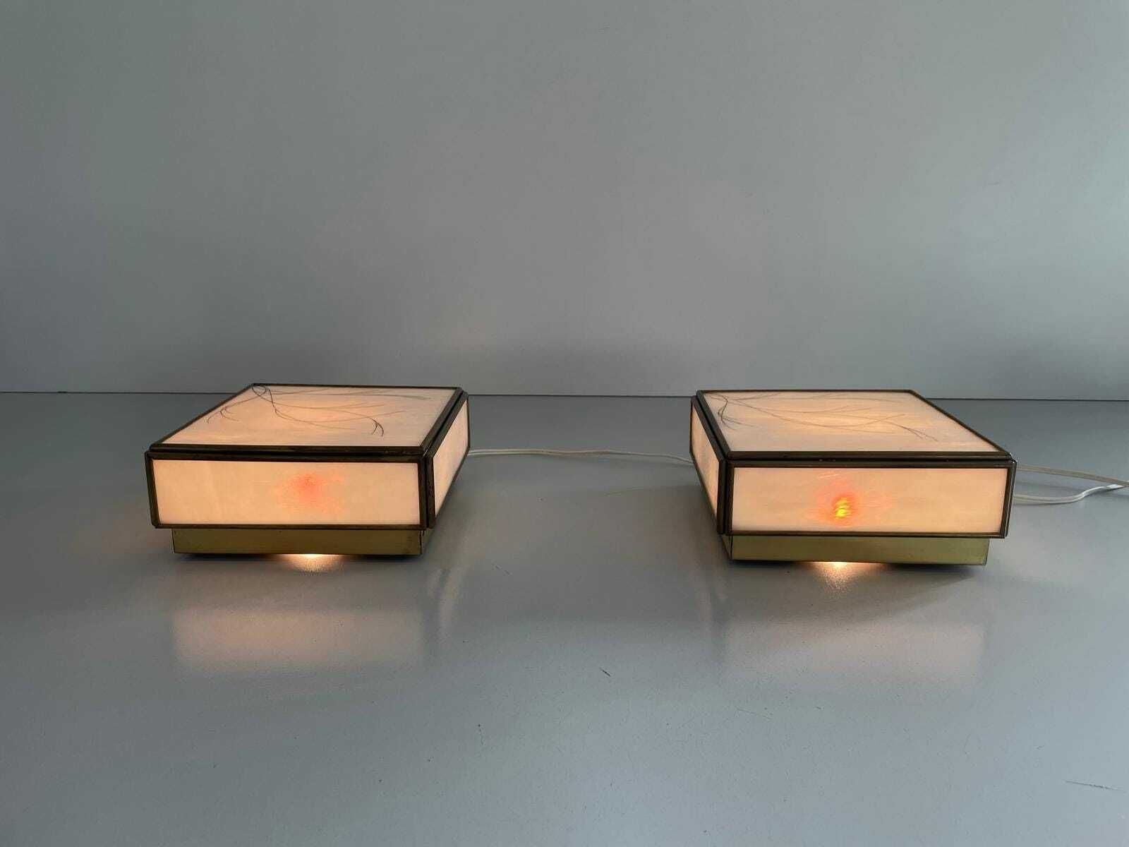 Italian Art Glass Square Shaped Pair Of Sconces With Brass Frame, 1960s, Italy photo Lighting