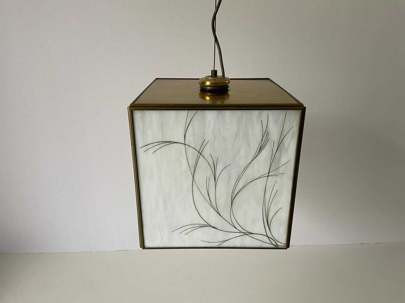 Italian Art Glass Square Shaped Ceiling Lamp With Brass Frame, 1960s, Italy photo Lighting