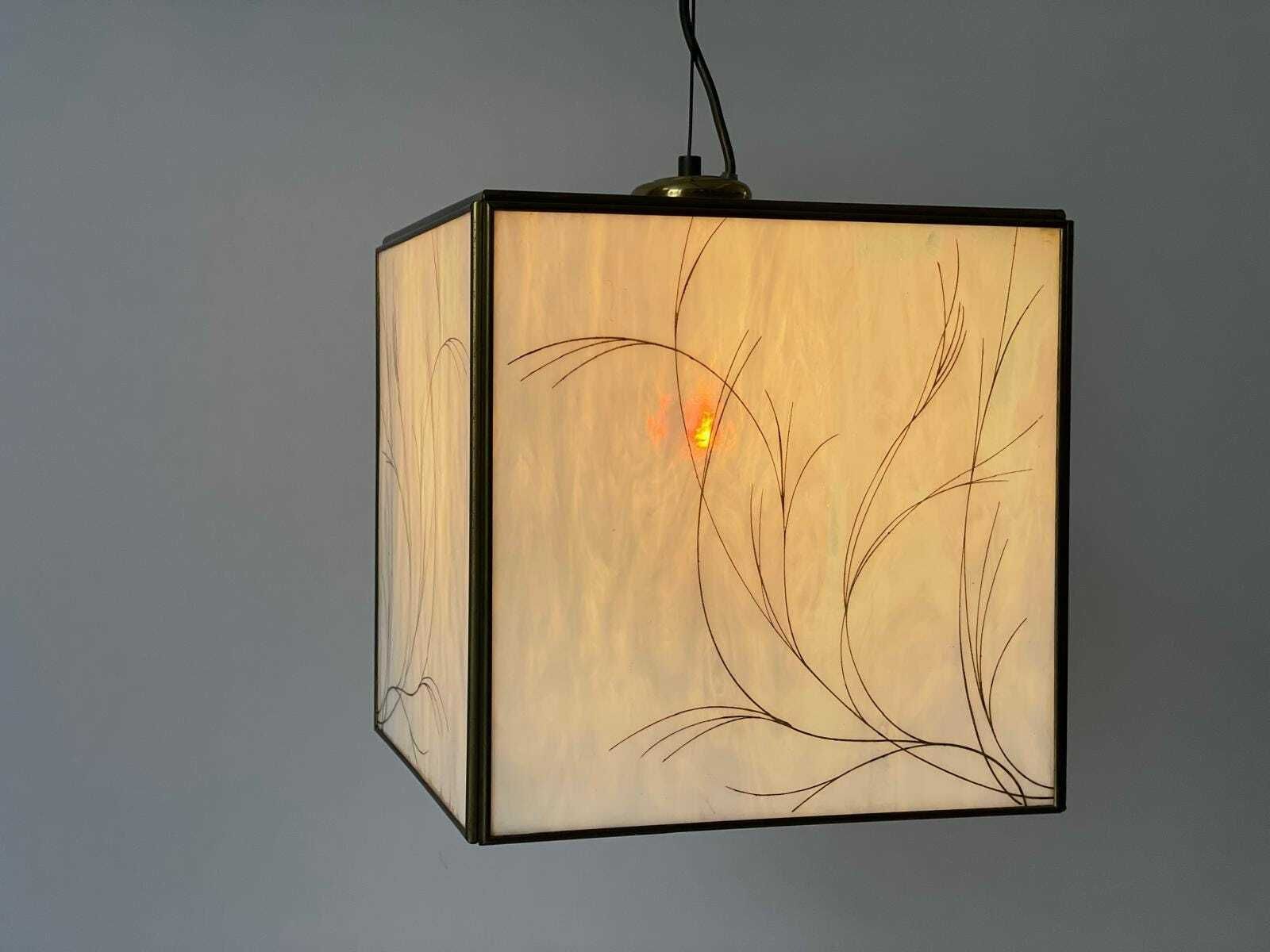 Italian Art Glass Square Shaped Ceiling Lamp With Brass Frame, 1960s, Italy photo vintage