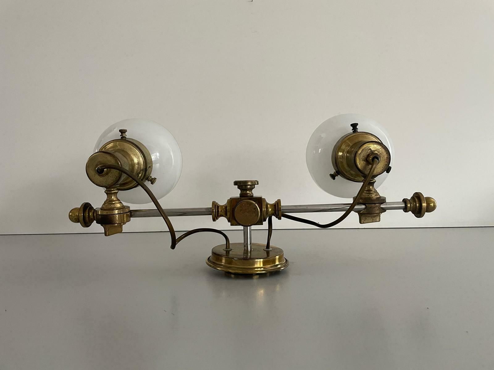 Mid Century Modern 2 Head Opaline Glass And Brass Wall Lamp, 1960s, Italy photo vinterior