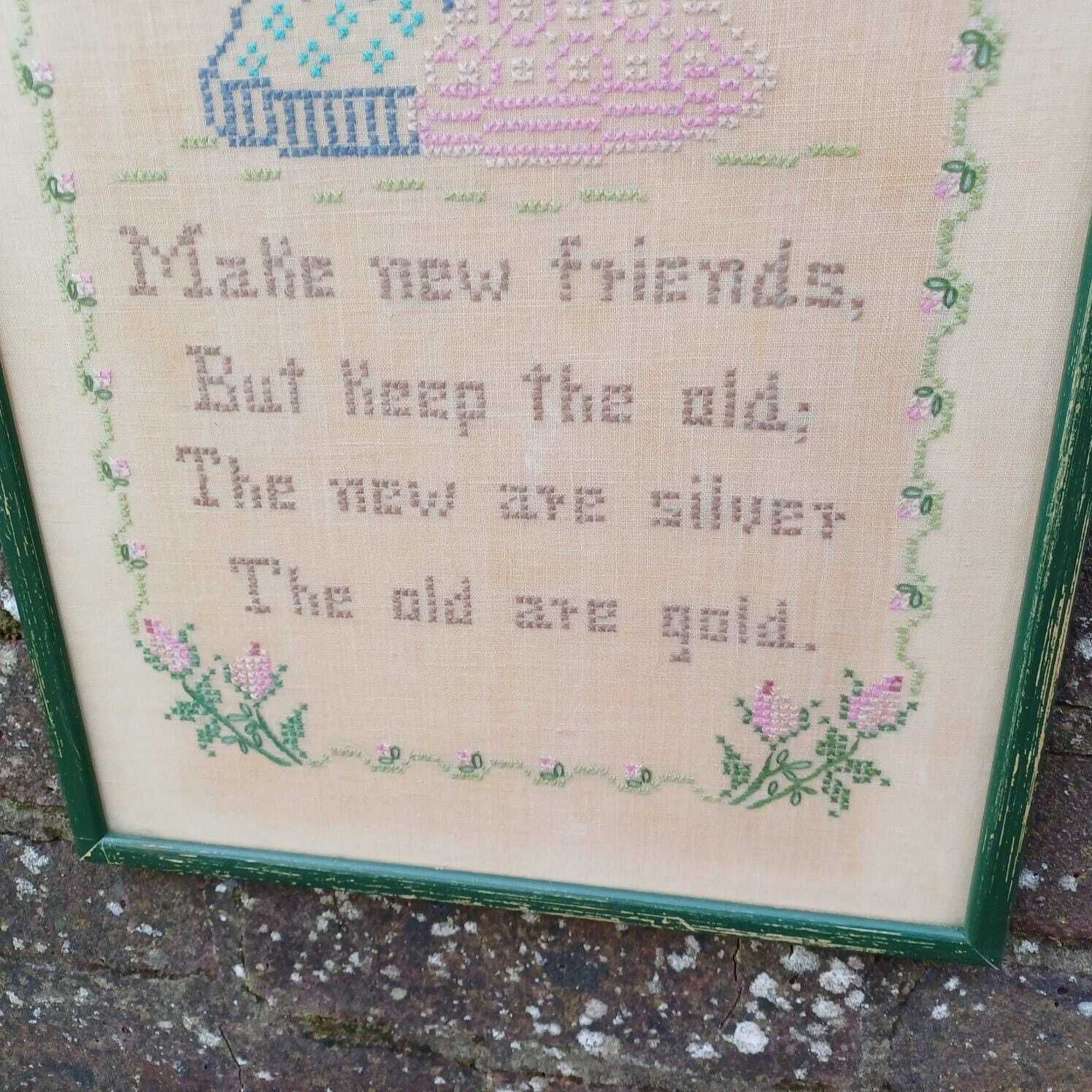 Antique Cross Stitch (Needlework) Of Friends Saying   Vintage Glazed Frame photo 68.0