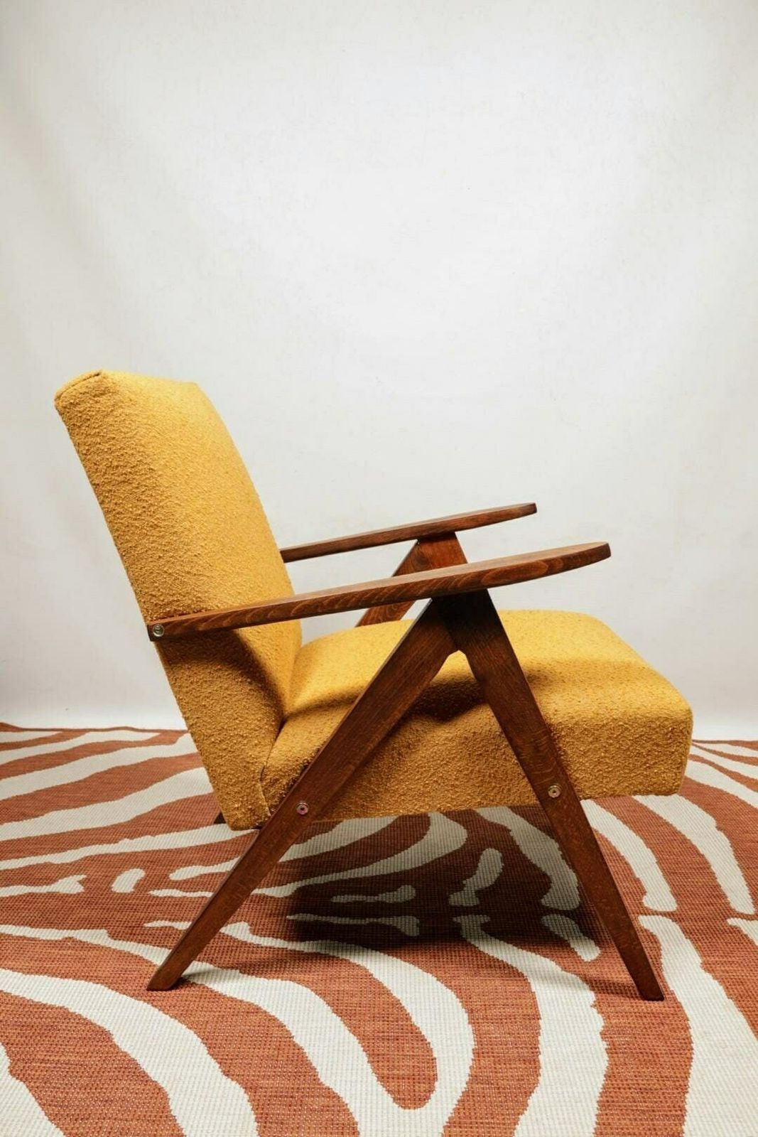 Mid   Century Armchair Yellow Color Boucle Scandinavian Design Wooden Lounge Chair