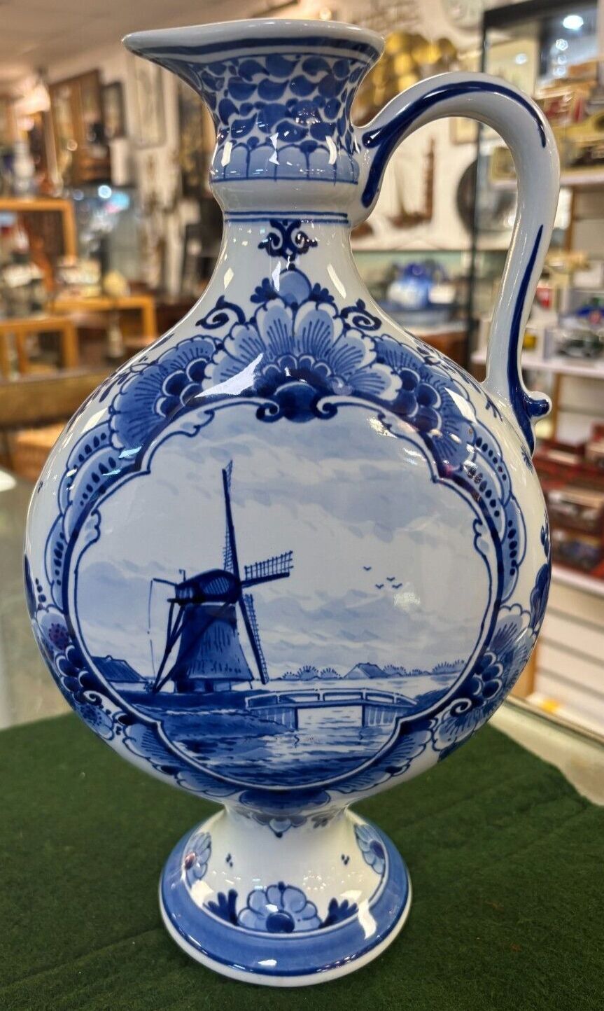 Rare Vintage Delft Pottery Blue & White Windmill Hand Painted Jug/ Vase