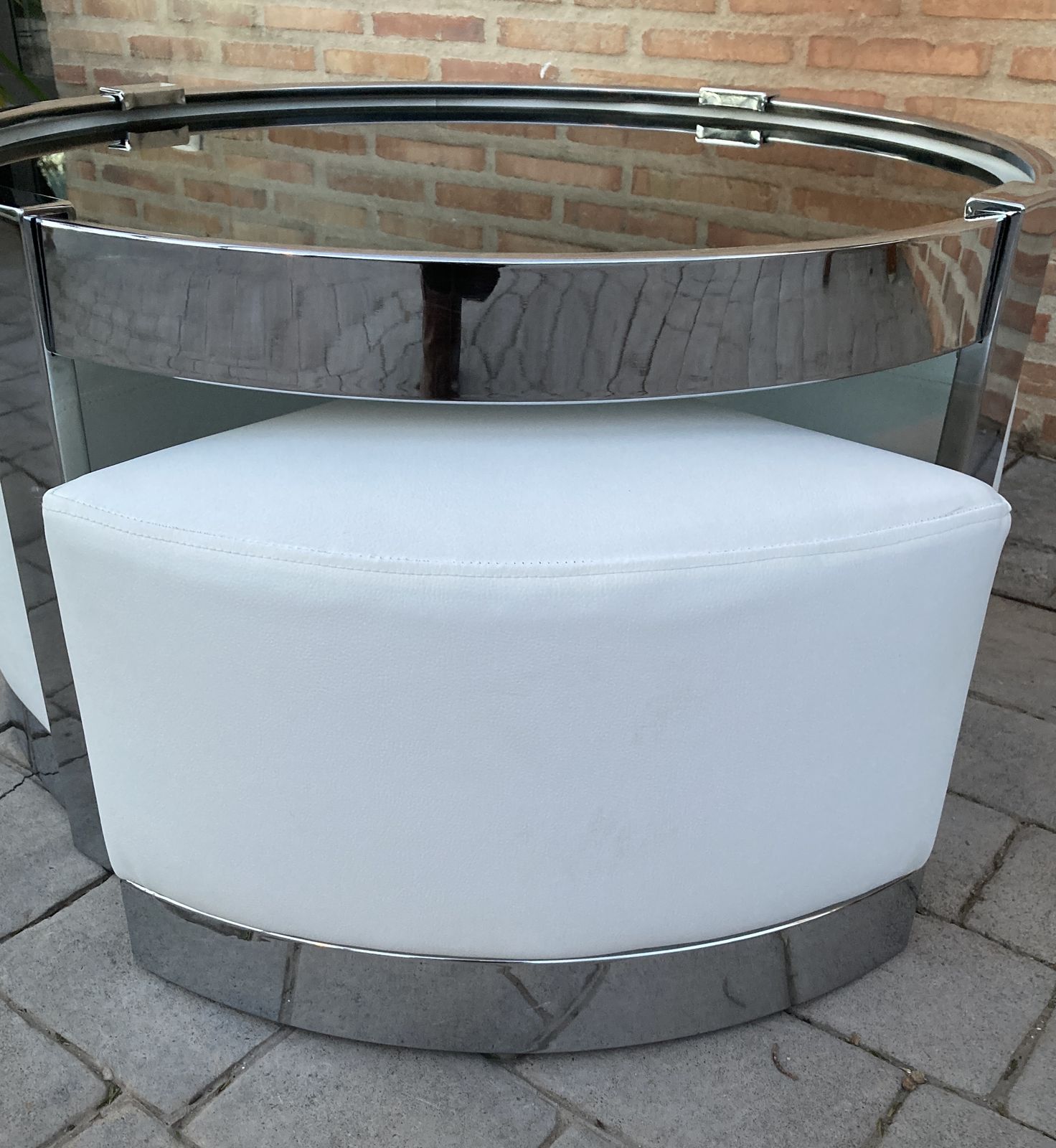 Vintage Set Round Smoked Glass And Steel Coffee Or Side Table With Four Nesting Stools photo furniture