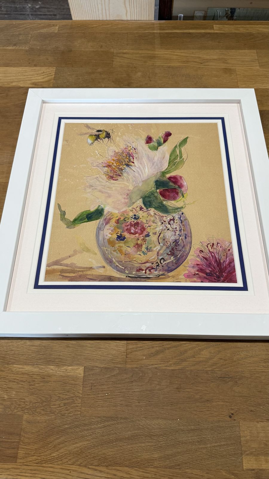 Suzanne Parker Signed Bee Visiting Peony In Ginger Jar Framed Water Colour Painting Art