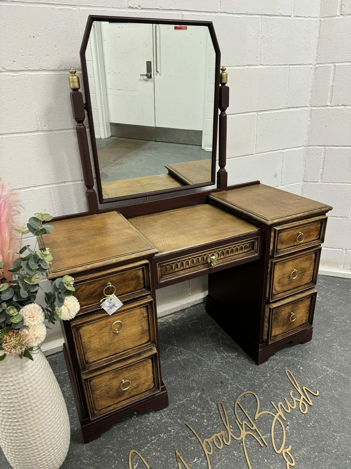 Beautiful Vintage Oak Linenfold Carved Old Charm Dressing Table And Mirror photo furniture