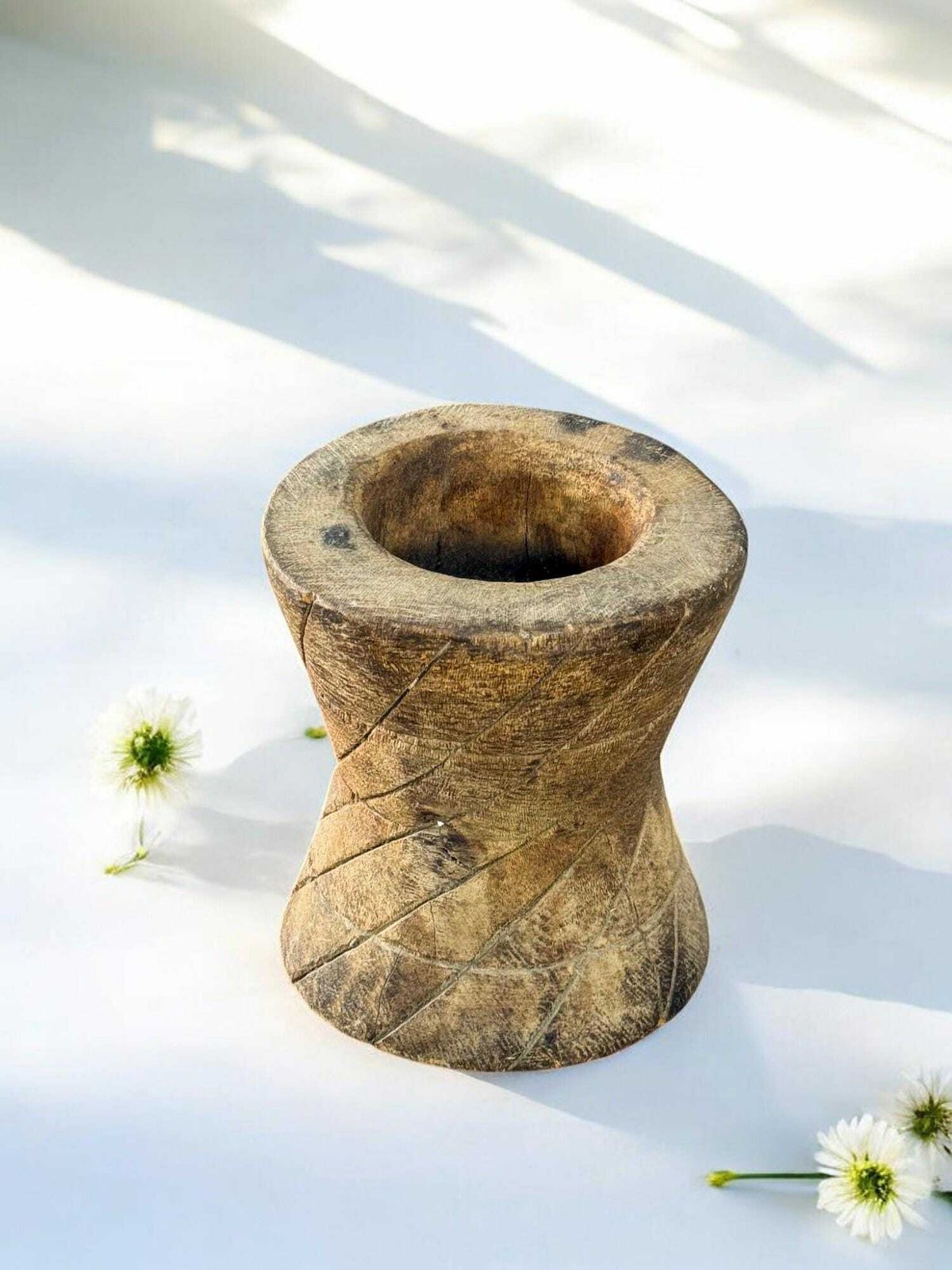 Antique Primitive Dough Bowl, Rustic Wood Fruit Bowl, Mediterranean Mortar Bowl, Farmhouse Decoration photo vinterior