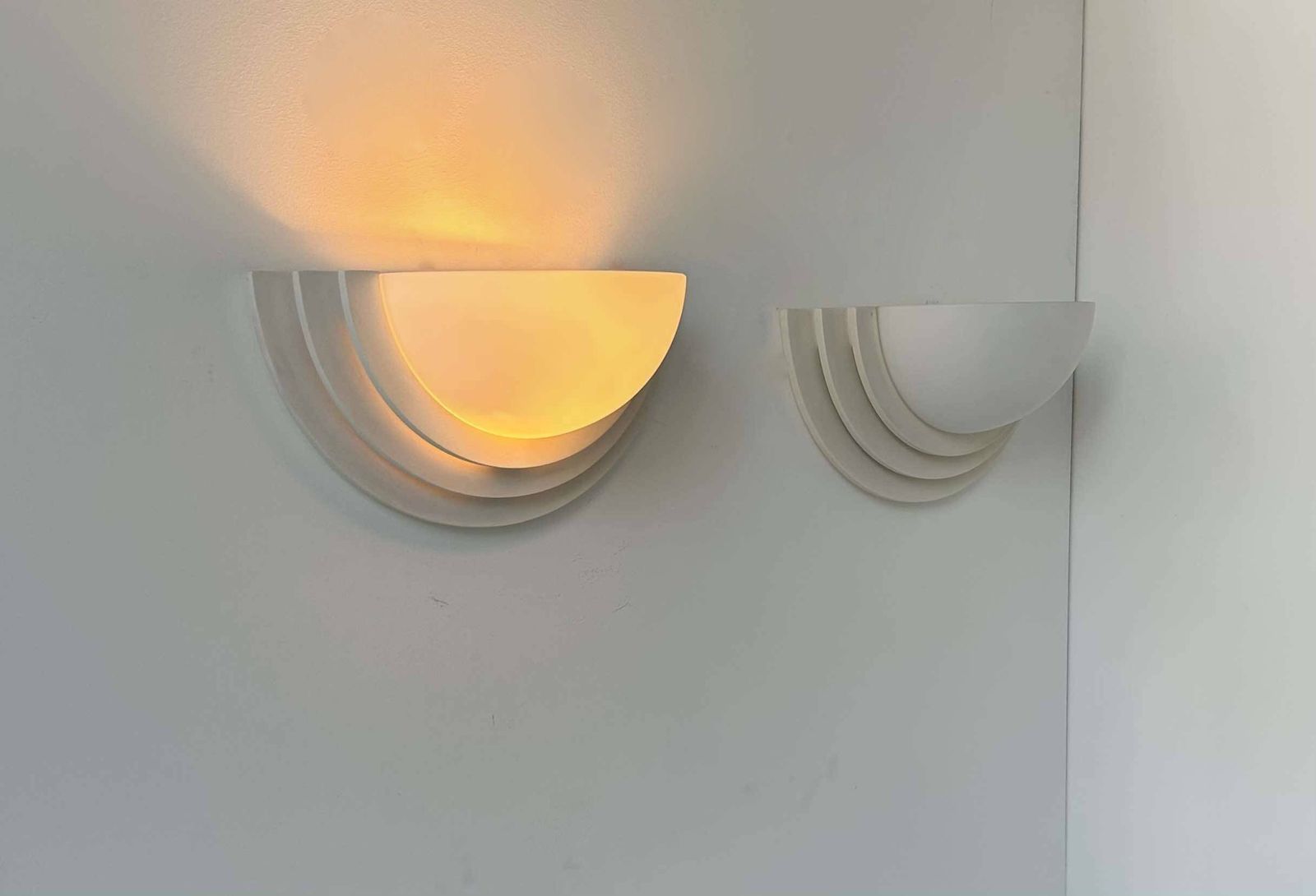 Pair Of Vintage Geometric Wall Lights, Plaster And Sandblasted Glass, France 1970. photo furniture