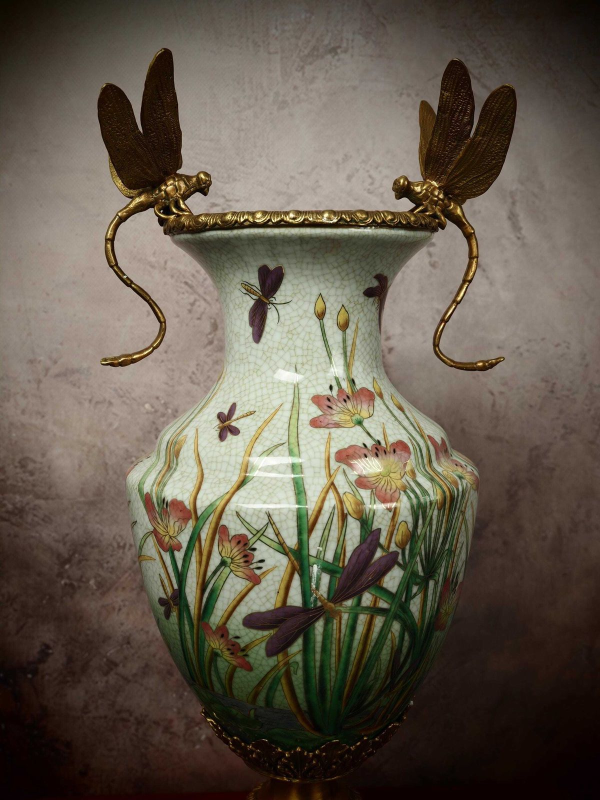 Beautiful Porcelain Vase With Bronze Dragonfly Accents photo furniture