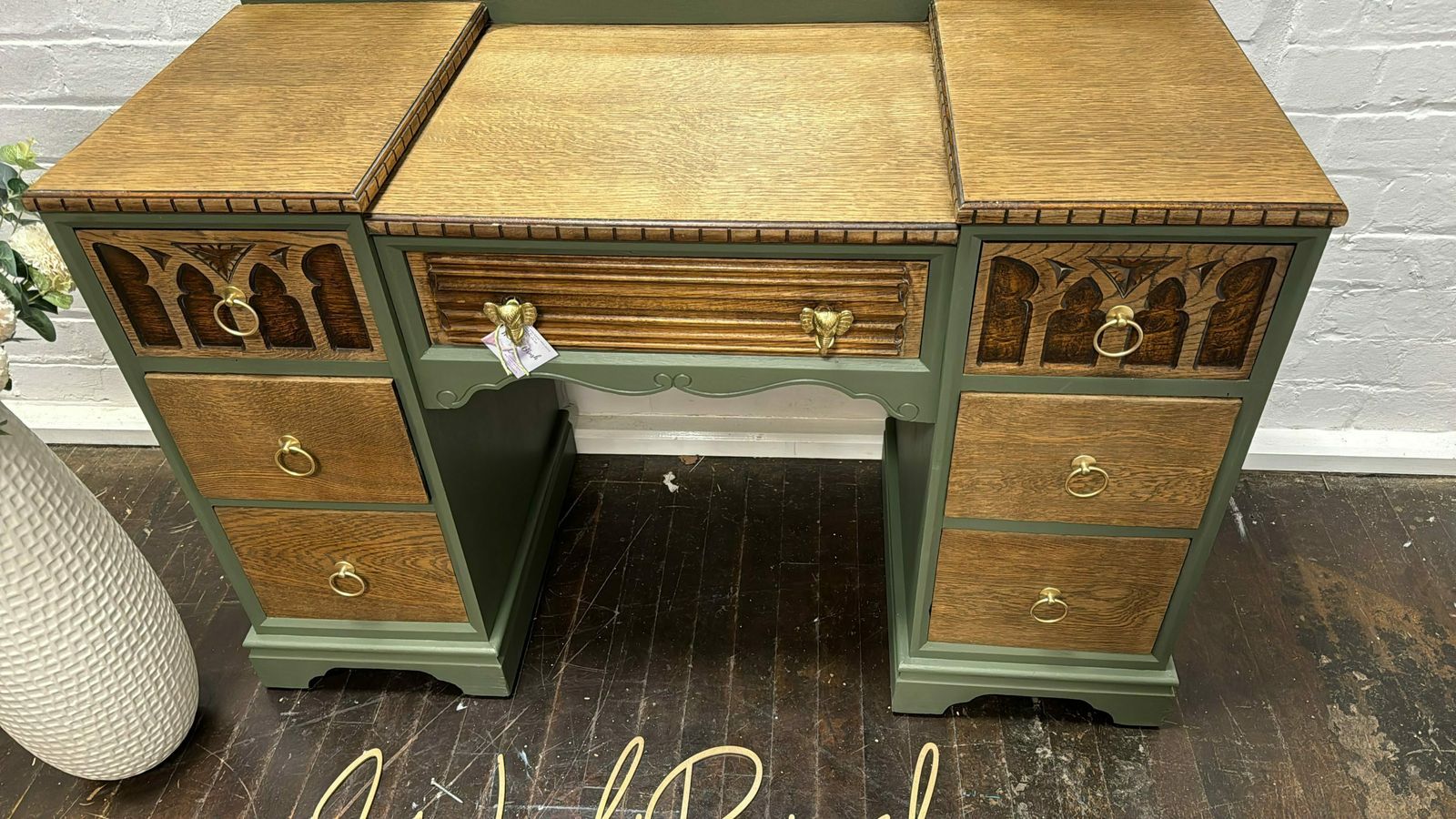 Beautiful Vintage Oak Linenfold Carved Old Charm Dressing Table And Mirror Green Gold photo Furniture