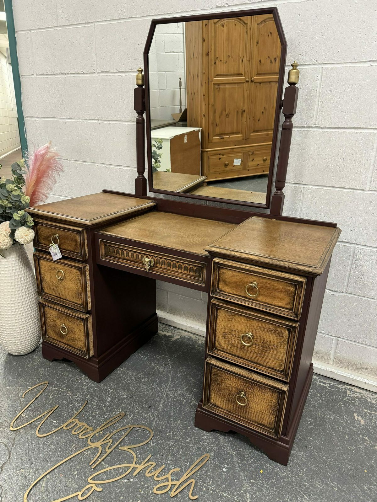 Beautiful Vintage Oak Linenfold Carved Old Charm Dressing Table And Mirror Green Gold photo buy