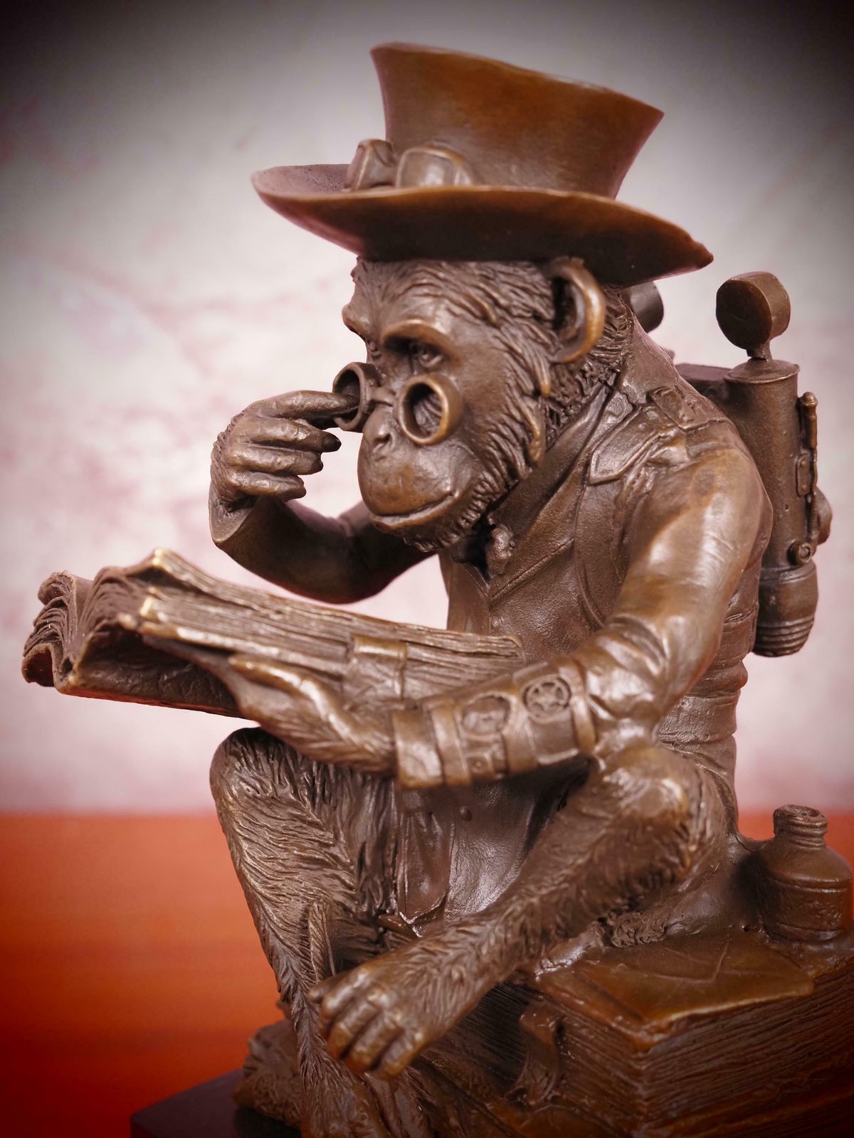 Bronze Steampunk Sculpture Of A Monkey On A Pile Of Books Philosophizing Monkey Statue Bronze photo Art