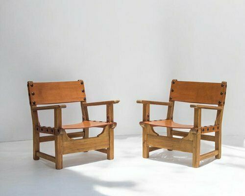 Mid Century Spanish Brutalist Armchairs In Cognac Leather, 1950s, Set Of 2 photo furniture