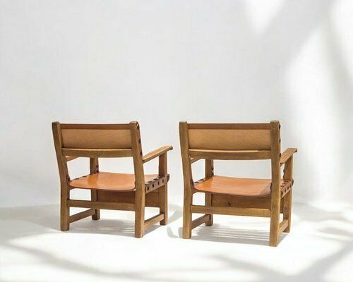 photo vinterior Mid Century Spanish Brutalist Armchairs In Cognac Leather, 1950s, Set Of 2