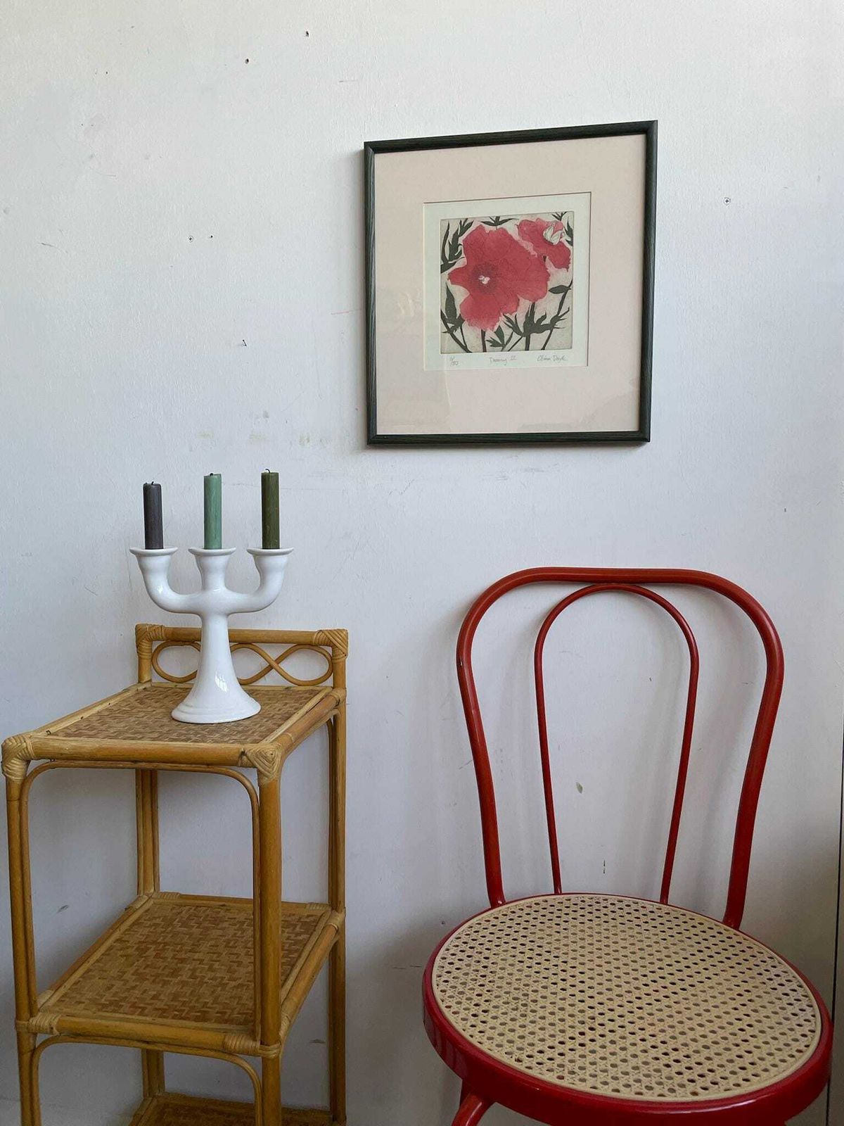 Cliona Doyle Framed Art Etching Print Of Paeony 2 Red Green Floral Thin Green Frame